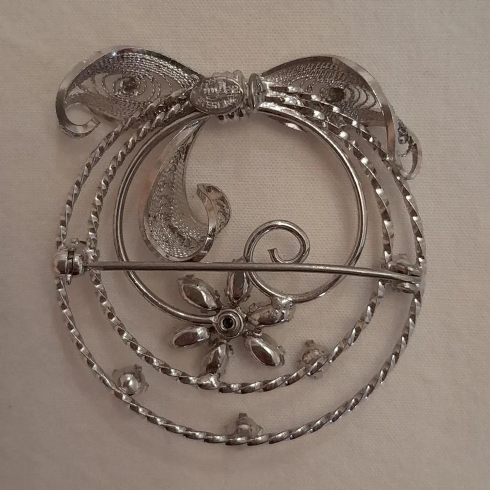 Sterling Silver Filigree Bow Flower Brooch Pin Pendant Rhinestone Accent Elegant